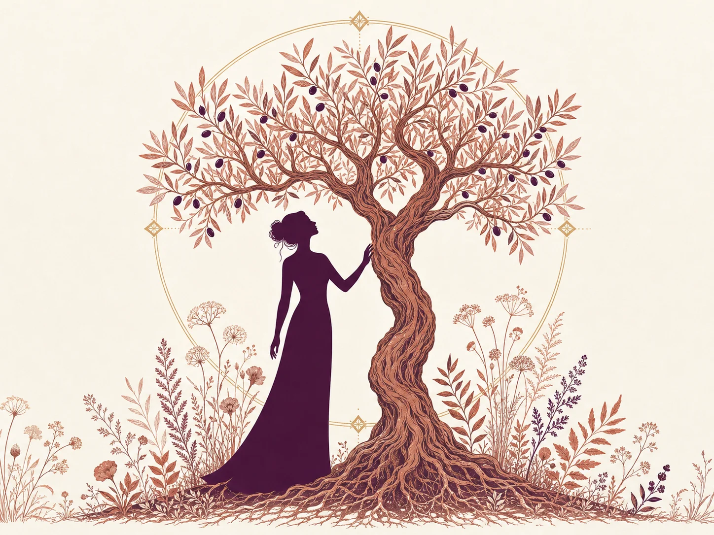Botanical illustration of a woman beneath an olive tree