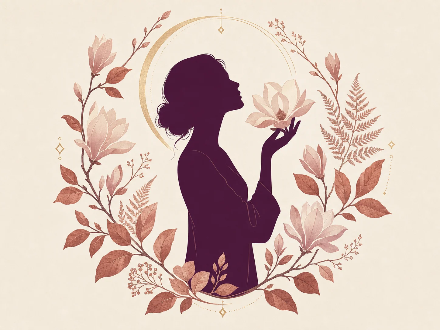 Botanical illustration of a woman holding a magnolia blossom