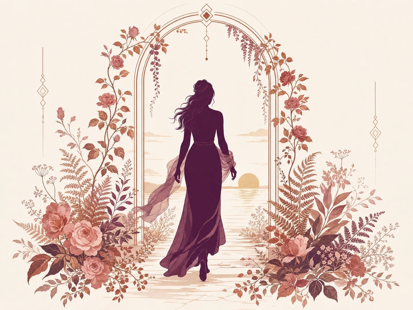 Botanical illustration of a woman walking through a rose arch toward the horizon