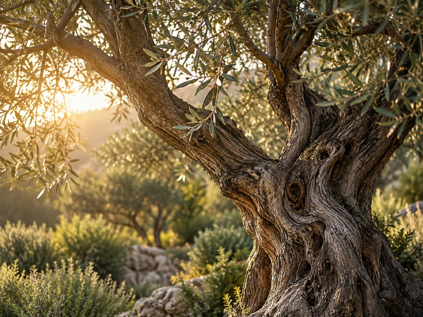A mature olive tree in a sunlit garden