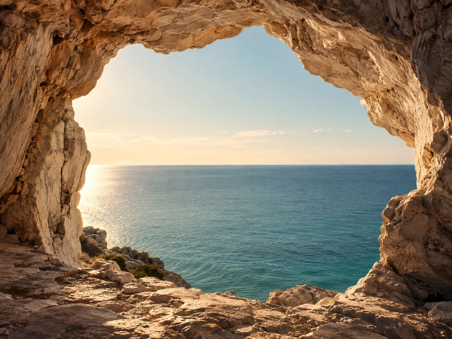 An open limestone arch looking toward the sea